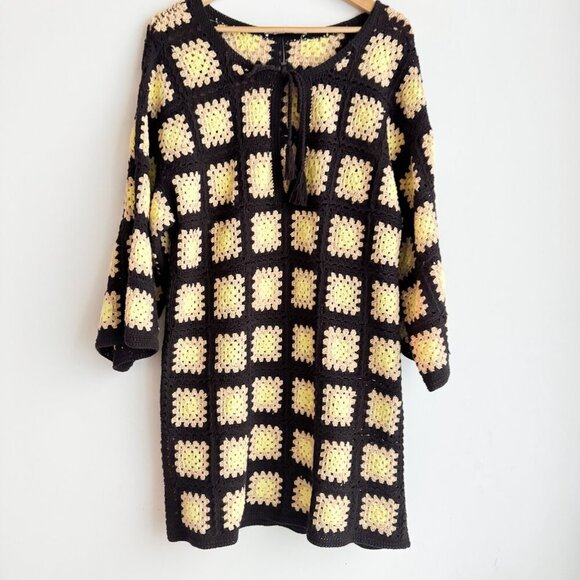 Zara Granny Squares Crochet Borwn Yellow Knee Lenght Dress M/L - Picture 3 of 7